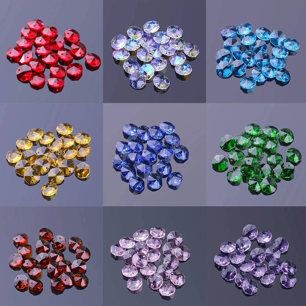 20PCS Crystal Octagon Beads Suncatcher DIY Wind Chimes Chandelier Parts Replacement Hanging Pendant Jewelry Making 14mm 2 Holes