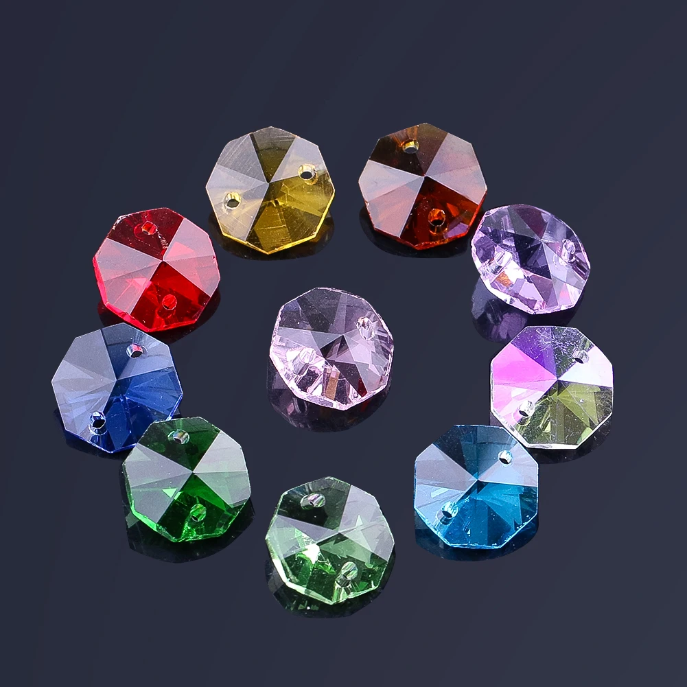 20PCS Crystal Octagon Beads Suncatcher DIY Wind Chimes Chandelier Parts Replacement Hanging Pendant Jewelry Making 14mm 2 Holes