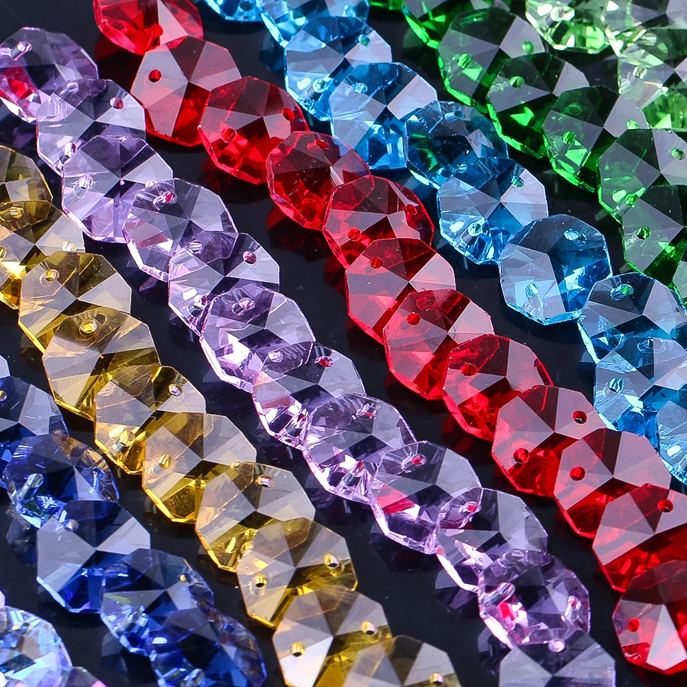 20PCS Crystal Octagon Beads Suncatcher DIY Wind Chimes Chandelier Parts Replacement Hanging Pendant Jewelry Making 14mm 2 Holes