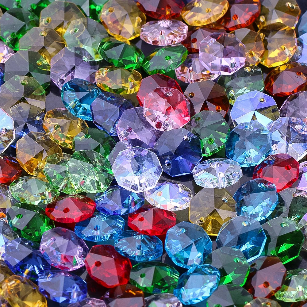 20PCS Crystal Octagon Beads Suncatcher DIY Wind Chimes Chandelier Parts Replacement Hanging Pendant Jewelry Making 14mm 2 Holes