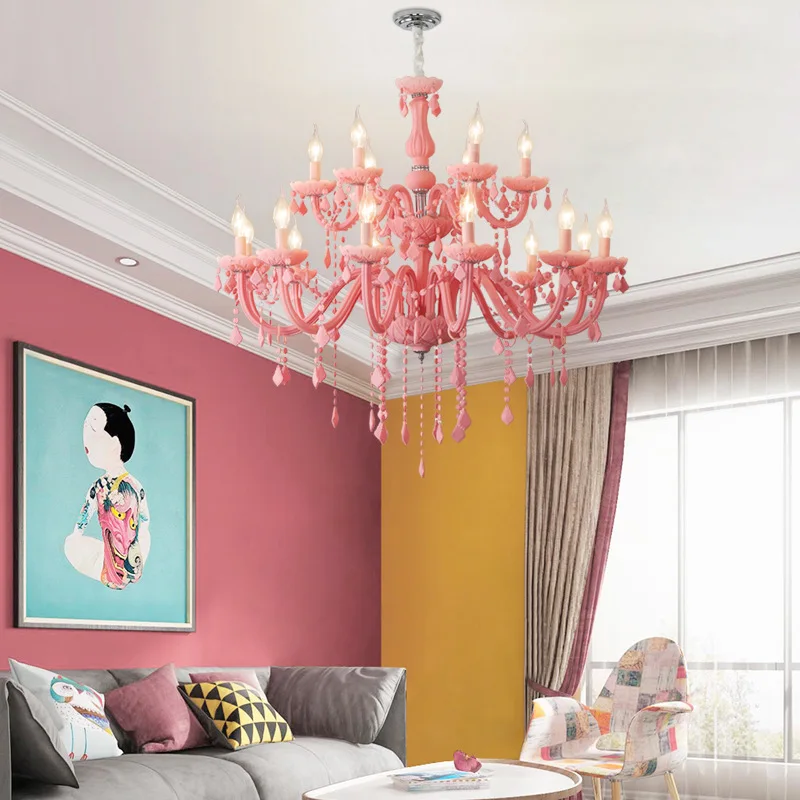 European-style Pink Crystal Chandelier For Cozy Living Room, Children's Room, Bedroom, Beauty Salon, Macaron