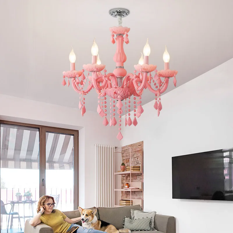 European-style Pink Crystal Chandelier For Cozy Living Room, Children's Room, Bedroom, Beauty Salon, Macaron