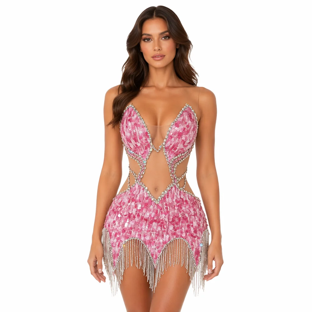 Showgirl Sequin Crystal Bikini Bodysuit Women Sheer Mesh Rhinestone Fringe Stage Performance Singer Dancer Costume