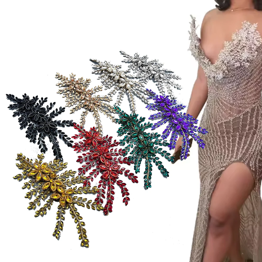 FS012 Diamond Rhinestone Applique Patches Wedding Gown Bridal Prom Diy Silver Bodice Applique Evening Wear for Decoration