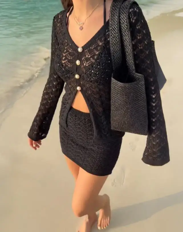 Two Piece Set Women Outfit 2025 Spring New Solid Color Plunge Long Sleeve Knit Button Top & High Waist Casual Mini Skirt Sets
