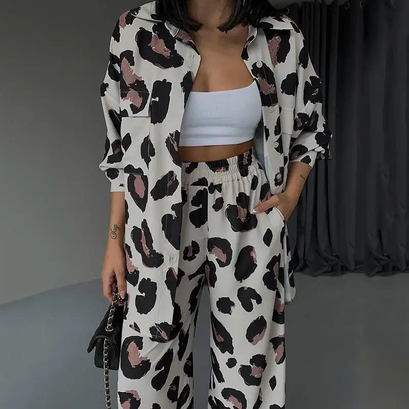 Women's Autumn Spring Set Top Long Sleeve Shirt Wide Leg Pants Print Retro Simple Comfortable Loose Casual Design Fashion Niche