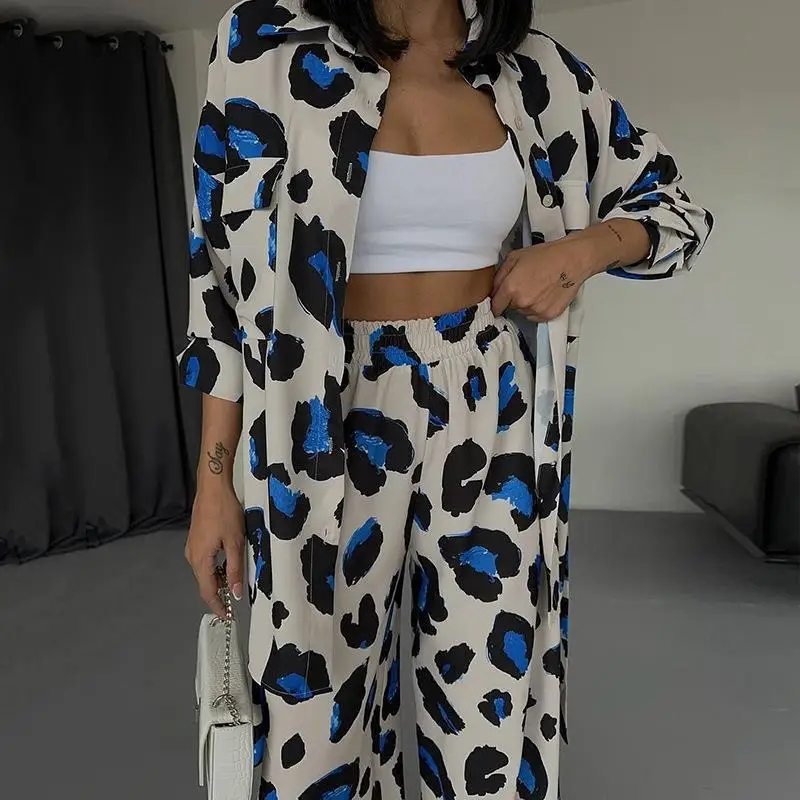 Women's Autumn Spring Set Top Long Sleeve Shirt Wide Leg Pants Print Retro Simple Comfortable Loose Casual Design Fashion Niche