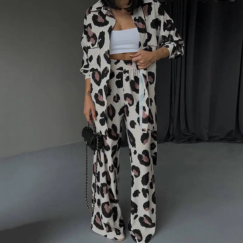 Women's Autumn Spring Set Top Long Sleeve Shirt Wide Leg Pants Print Retro Simple Comfortable Loose Casual Design Fashion Niche