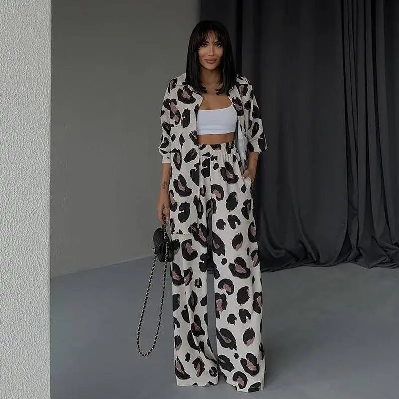 Women's Autumn Spring Set Top Long Sleeve Shirt Wide Leg Pants Print Retro Simple Comfortable Loose Casual Design Fashion Niche