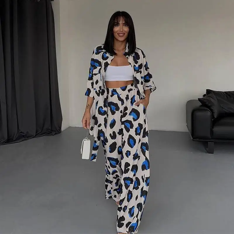 Women's Autumn Spring Set Top Long Sleeve Shirt Wide Leg Pants Print Retro Simple Comfortable Loose Casual Design Fashion Niche