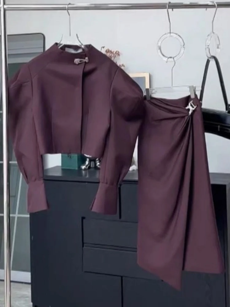 Luxury Brand Two-Piece Set Women Skirt Sets Outfit Autumn Office Ladies Dress Suit Purple Long-Sleeve Coat Long Skirt Trendy