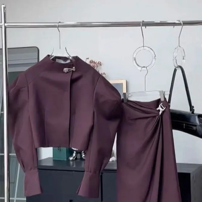Luxury Brand Two-Piece Set Women Skirt Sets Outfit Autumn Office Ladies Dress Suit Purple Long-Sleeve Coat Long Skirt Trendy