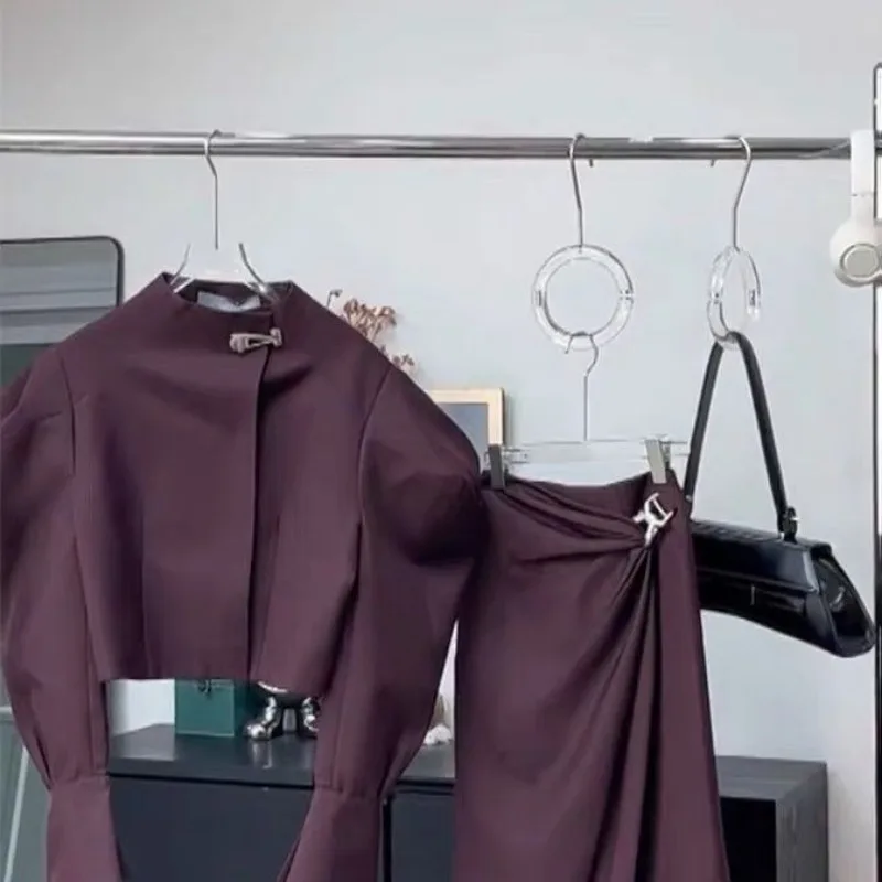 Luxury Brand Two-Piece Set Women Skirt Sets Outfit Autumn Office Ladies Dress Suit Purple Long-Sleeve Coat Long Skirt Trendy