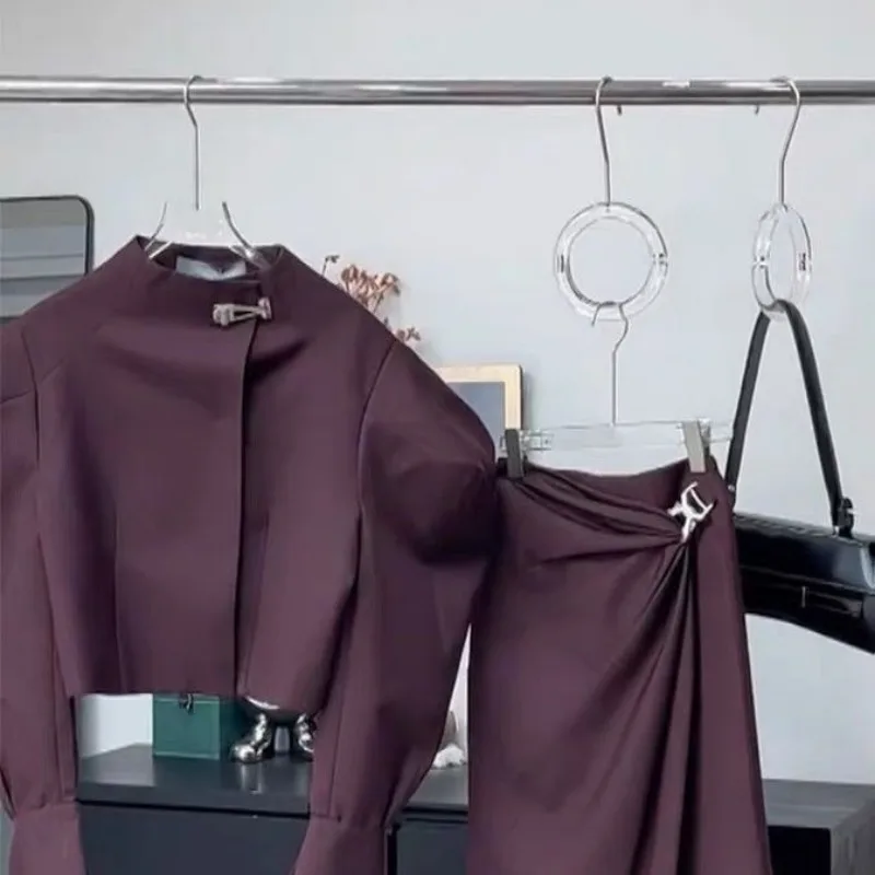 Luxury Brand Two-Piece Set Women Skirt Sets Outfit Autumn Office Ladies Dress Suit Purple Long-Sleeve Coat Long Skirt Trendy