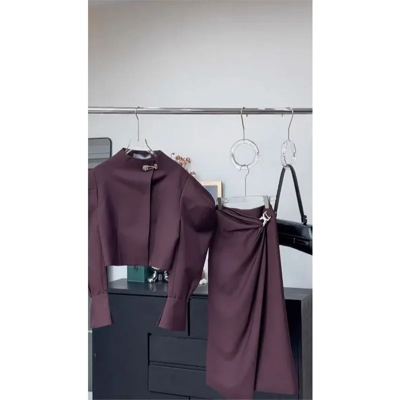 Luxury Brand Two-Piece Set Women Skirt Sets Outfit Autumn Office Ladies Dress Suit Purple Long-Sleeve Coat Long Skirt Trendy