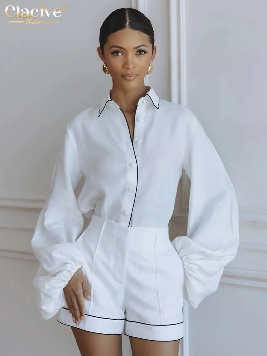 Clacive Fashion Loose White Cotton Women's 2-Piece Set 2026 Elegant Long Sleeve Shirt With High Waist Shorts Set Female Clothing