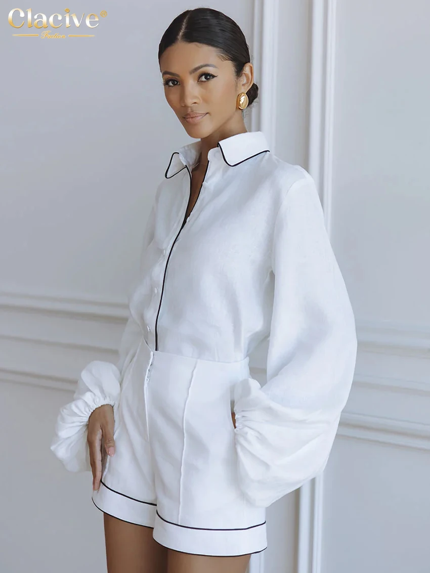 Clacive Fashion Loose White Cotton Women's 2-Piece Set 2026 Elegant Long Sleeve Shirt With High Waist Shorts Set Female Clothing