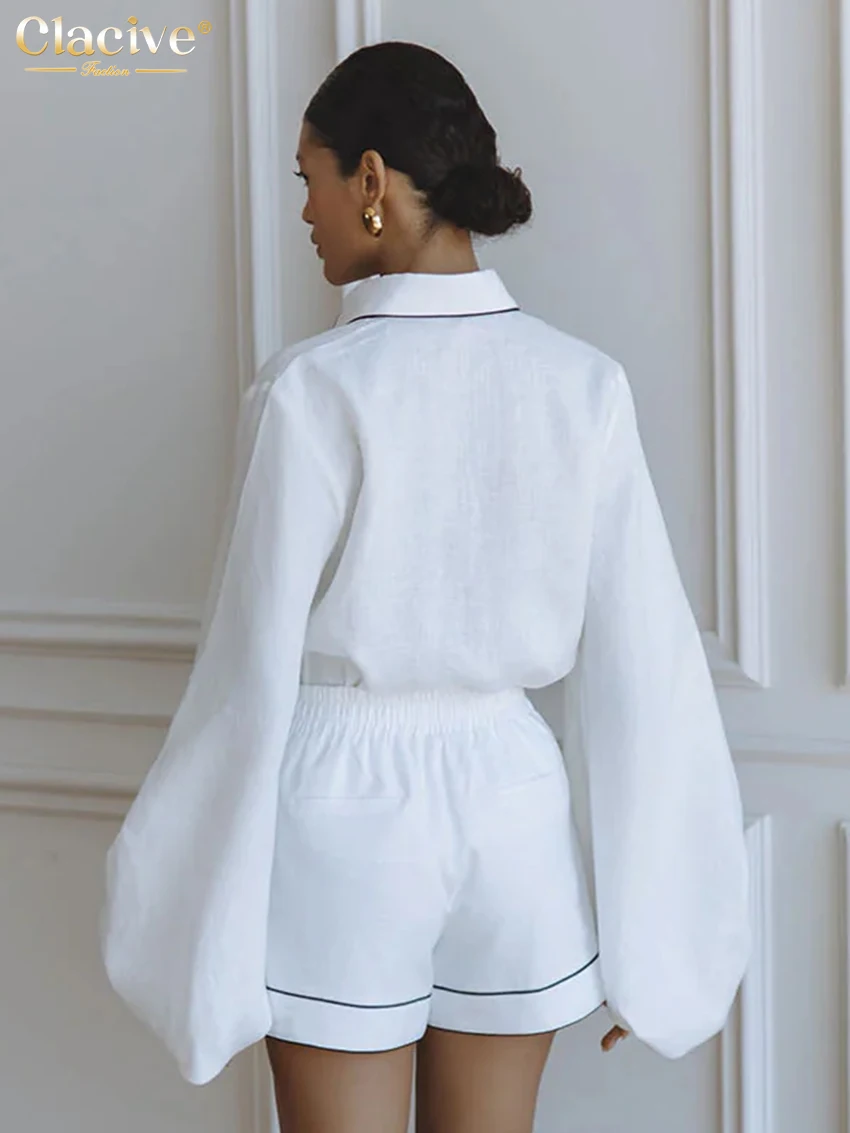 Clacive Fashion Loose White Cotton Women's 2-Piece Set 2026 Elegant Long Sleeve Shirt With High Waist Shorts Set Female Clothing