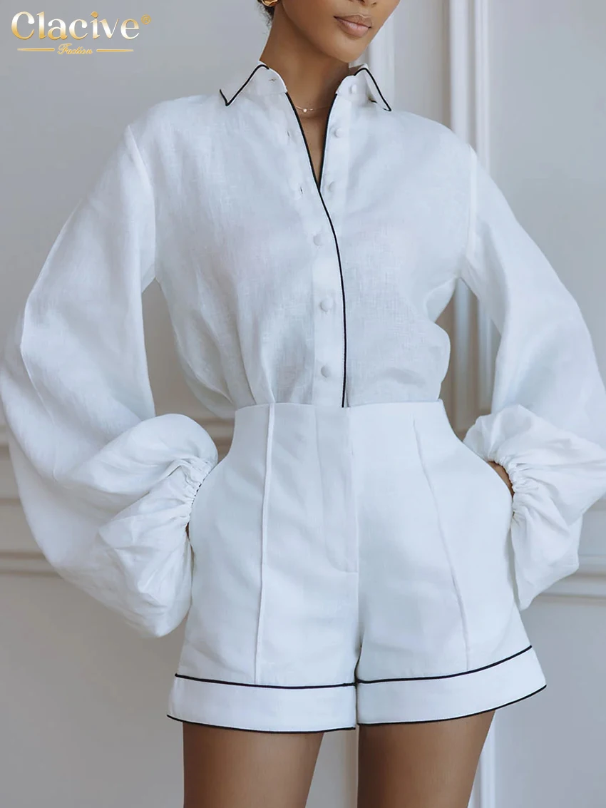 Clacive Fashion Loose White Cotton Women's 2-Piece Set 2026 Elegant Long Sleeve Shirt With High Waist Shorts Set Female Clothing