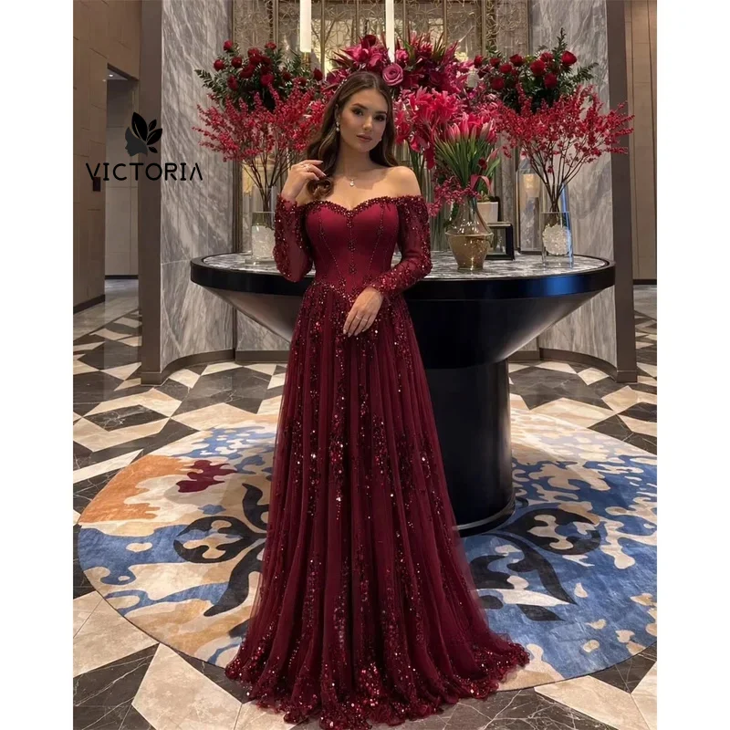 Tulle Off The Shoulder Burgundy Ball Gown Evening Dress Prom Dress Formal Evening Robes De Soirée Elegant Customized