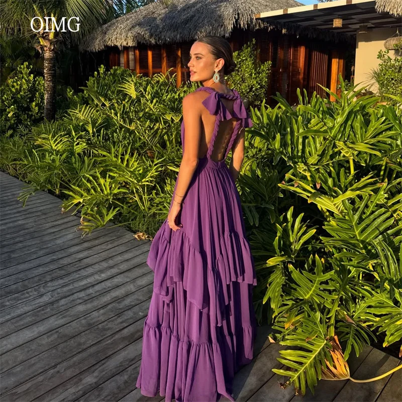 OIMG Purple V Neck A Line Prom Gowns Chiffon Backless Ruffled Party Gown Floor Length Party-perfect Evening Dress Customized