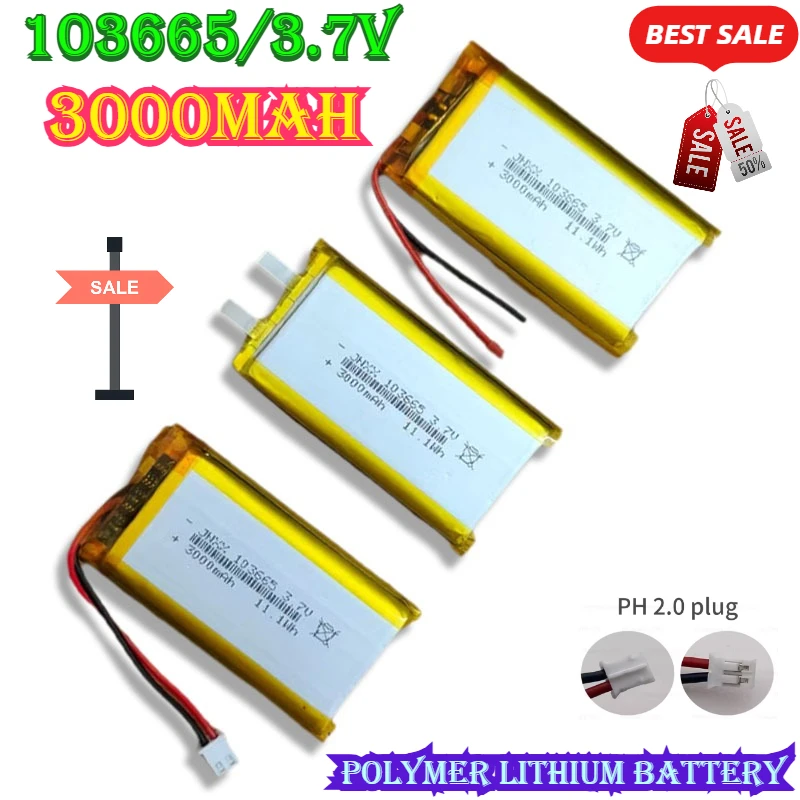 Li Po 103665 Battery 3.7V 3000mAh Polymer Lithium Batteries for Bluetooth Keyboard Tablet PC Dvd Speaker Digital Camera 1-10PCS