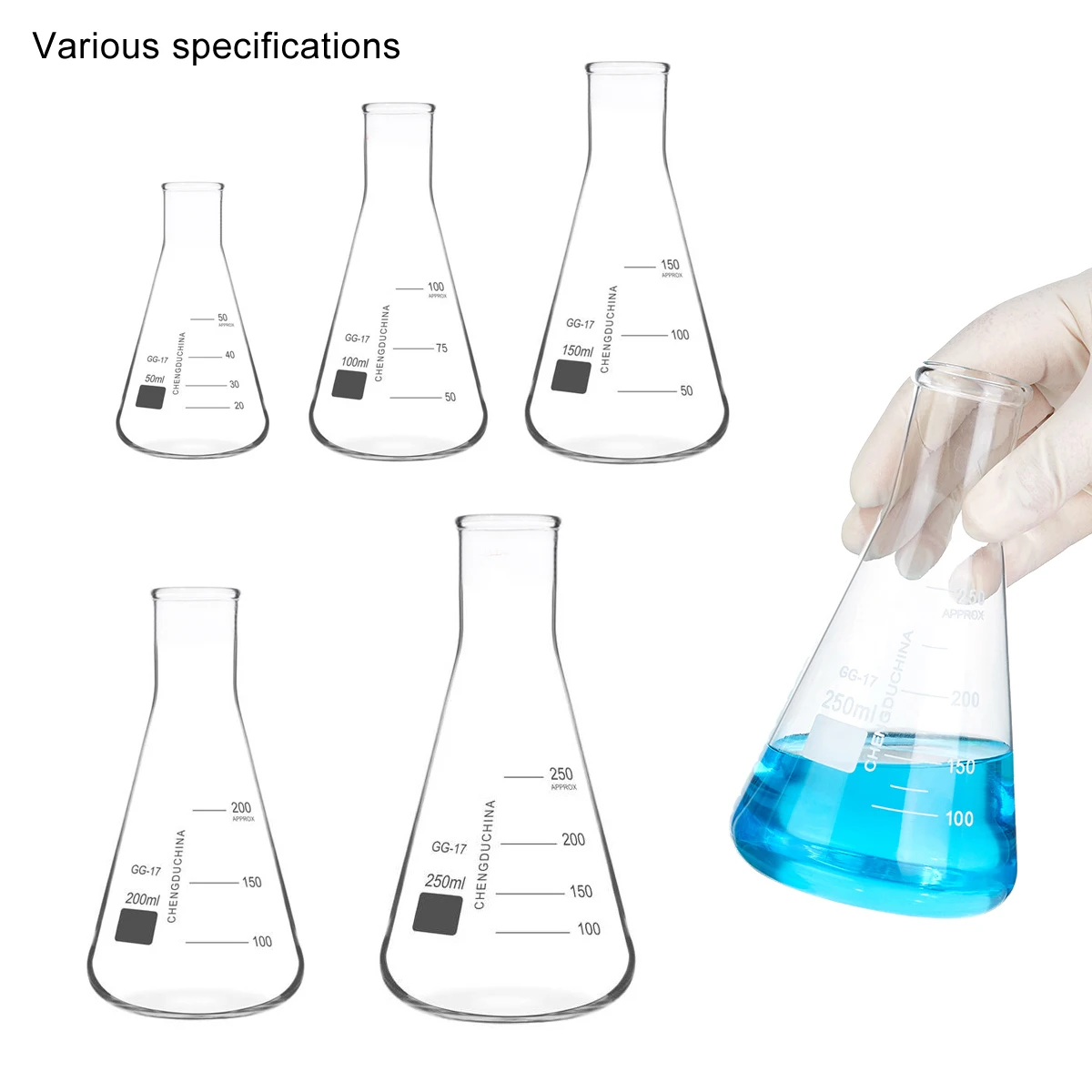 50ml/100ml/150ml/200ml/250ml Narrow Mouth Glass Erlenmeyer Flask Set15-68mm Silicone Stoppers for Lab Experiment Science Studies