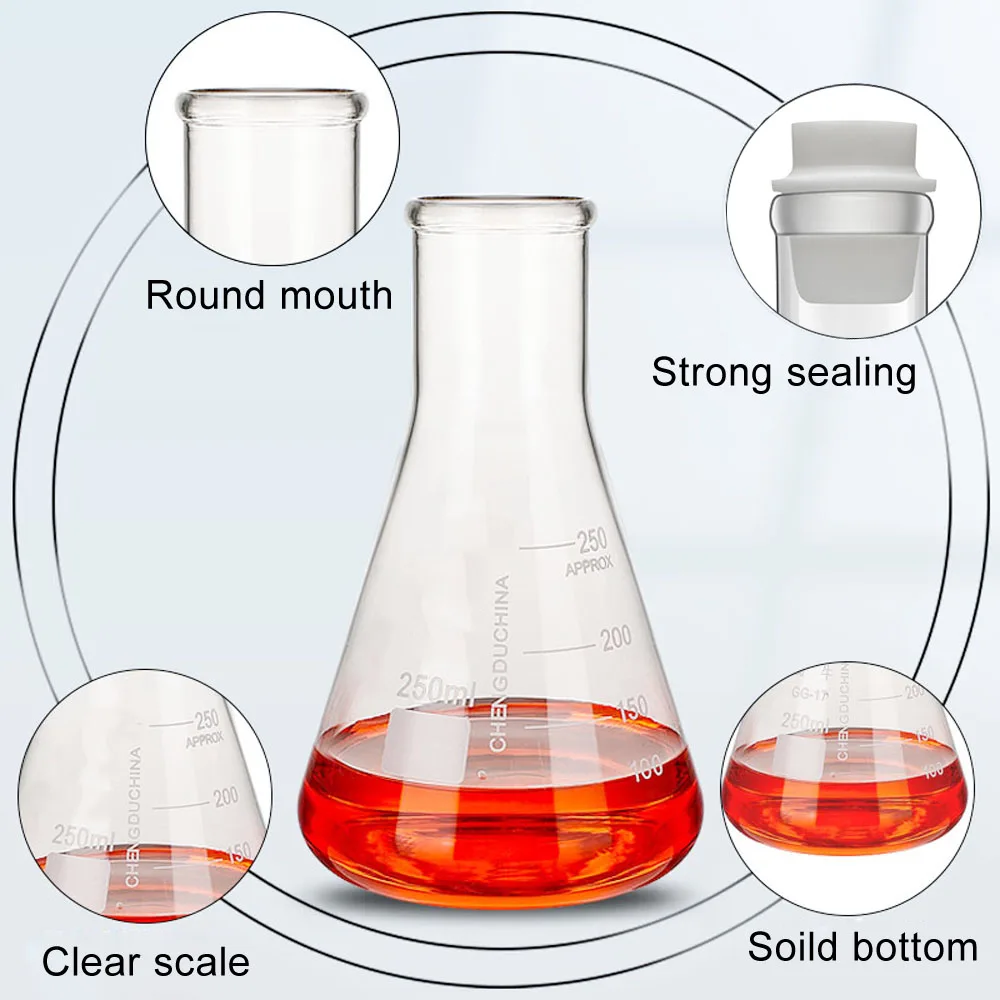 50ml/100ml/150ml/200ml/250ml Narrow Mouth Glass Erlenmeyer Flask Set15-68mm Silicone Stoppers for Lab Experiment Science Studies
