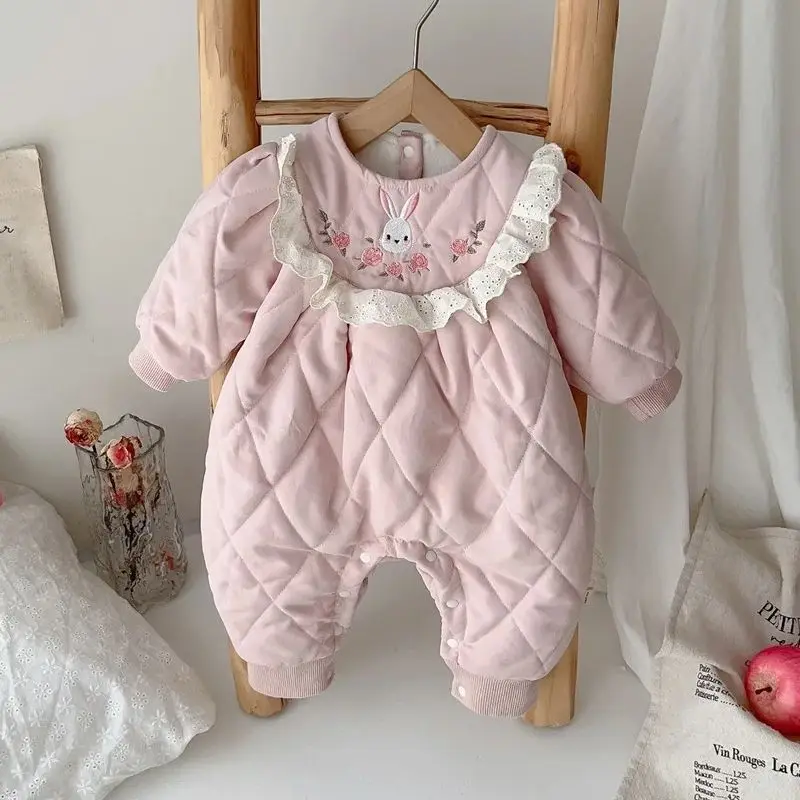 Baby Girls Romper Cute Rabbit Embroidery Ruffle Lace Warm Padded Jumpsuit For Winter Soft Velvet Infant Outfits 3-24 Months