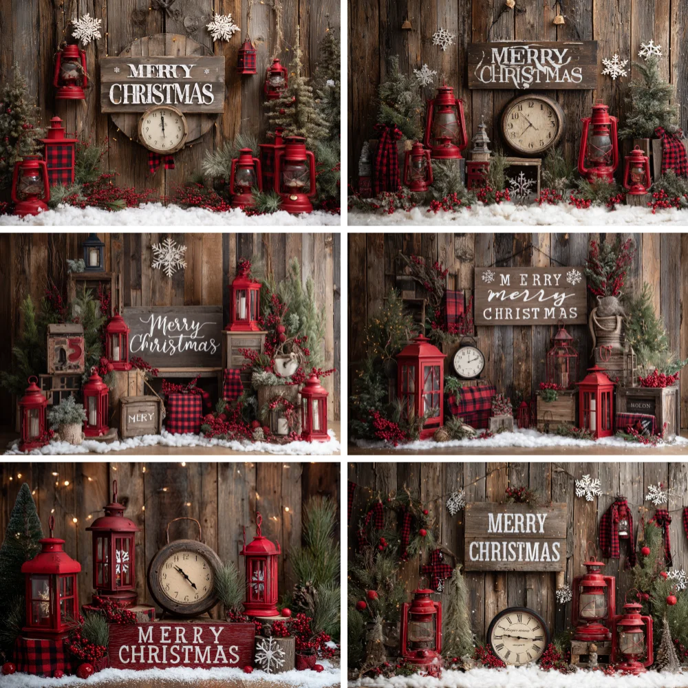 Santa Claus Workshop Wooden Background Photography Christmas Clock Toy Oil lamp Gift Shelf Backdrop Winter Kid Photo Studio