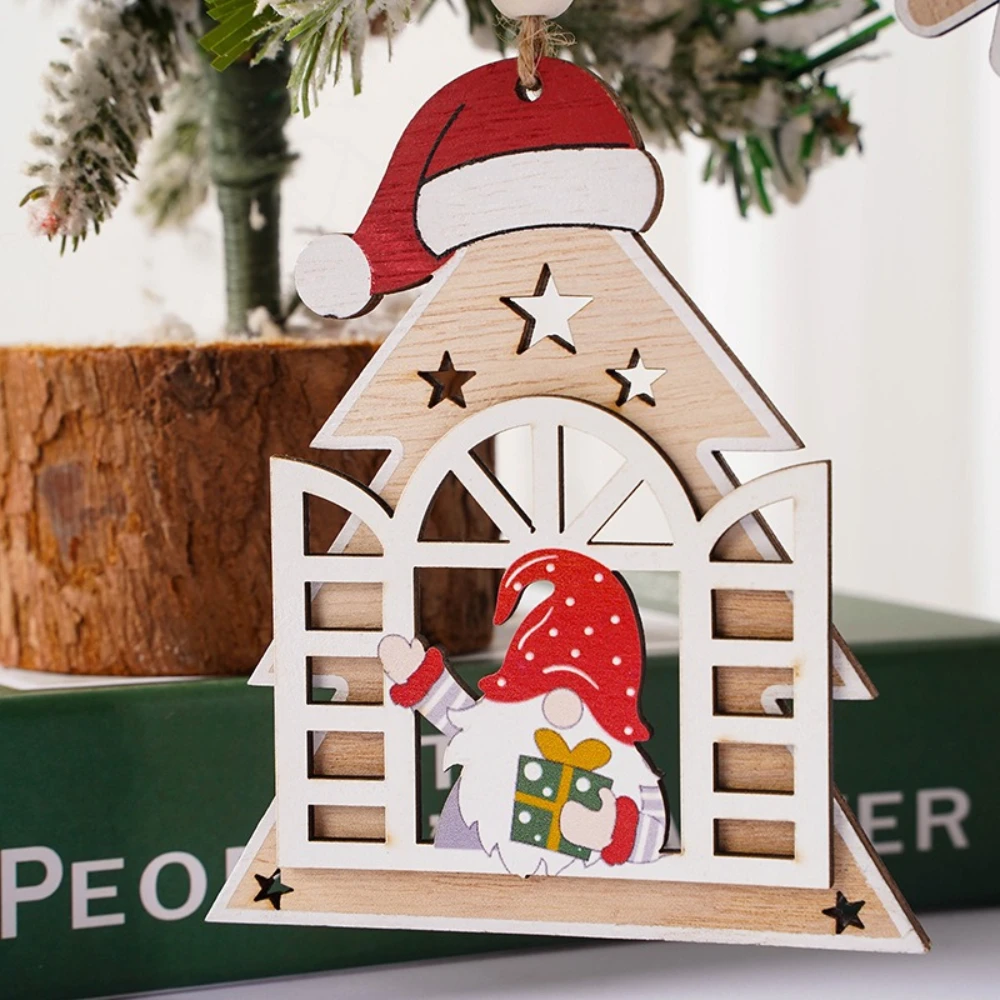 2pcs Wooden House Faceless Old Man Pendant Snowflake Santa Claus Christmas Tree Pendant Decoration for Store Yard Home Festival