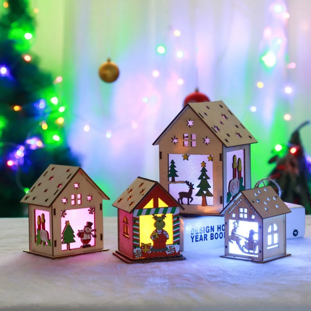 Christmas Santa Claus DIY Glowing Wooden House Assembly Glowing Wooden House for Home Bedroom Living Room Office Desk Decoration