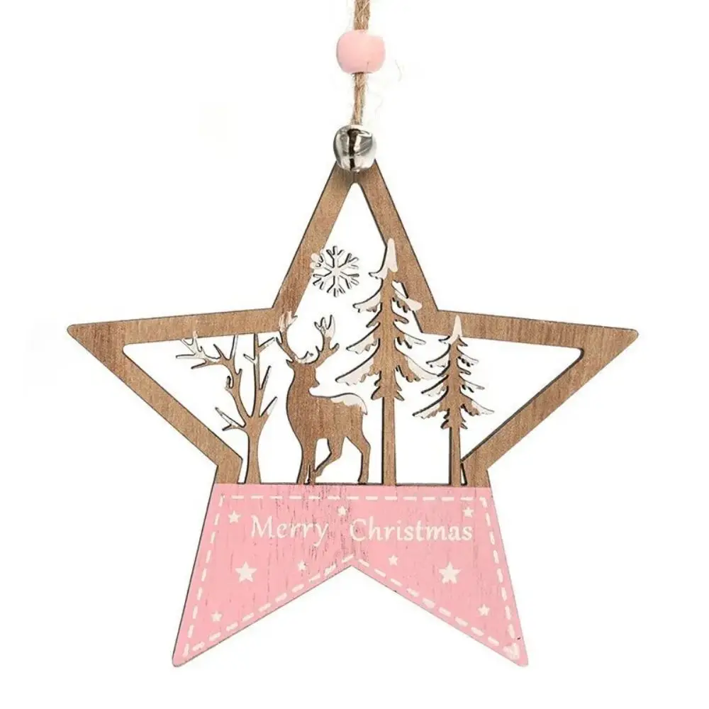 Creative Wooden Xmas Tree Pendant Heart Pentagrams Christmas Hanging Ornament Color Printed DIY Santa Claus Ornament Weddings