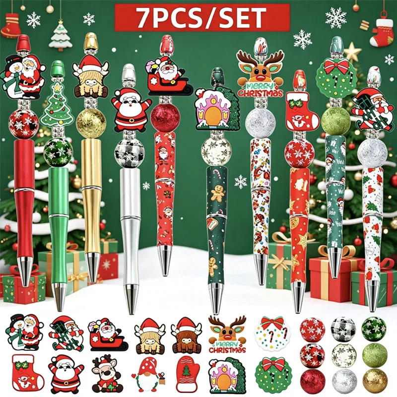 7Pcs Christmas DIY Bead Ballpoint Pen Set Santa Claus Elk Snowman Design Wooden Beads Cute Writing Pen for Students School Offic