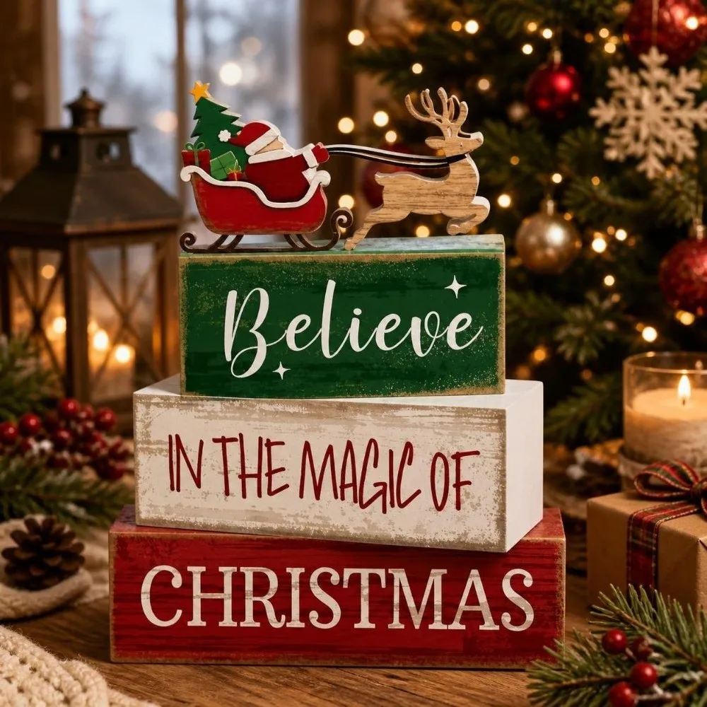 Wooden Christmas Tiered Tray Set Santa Claus Home Decor Festive Table Shelf Decor Reindeer DIY Christmas Ornaments