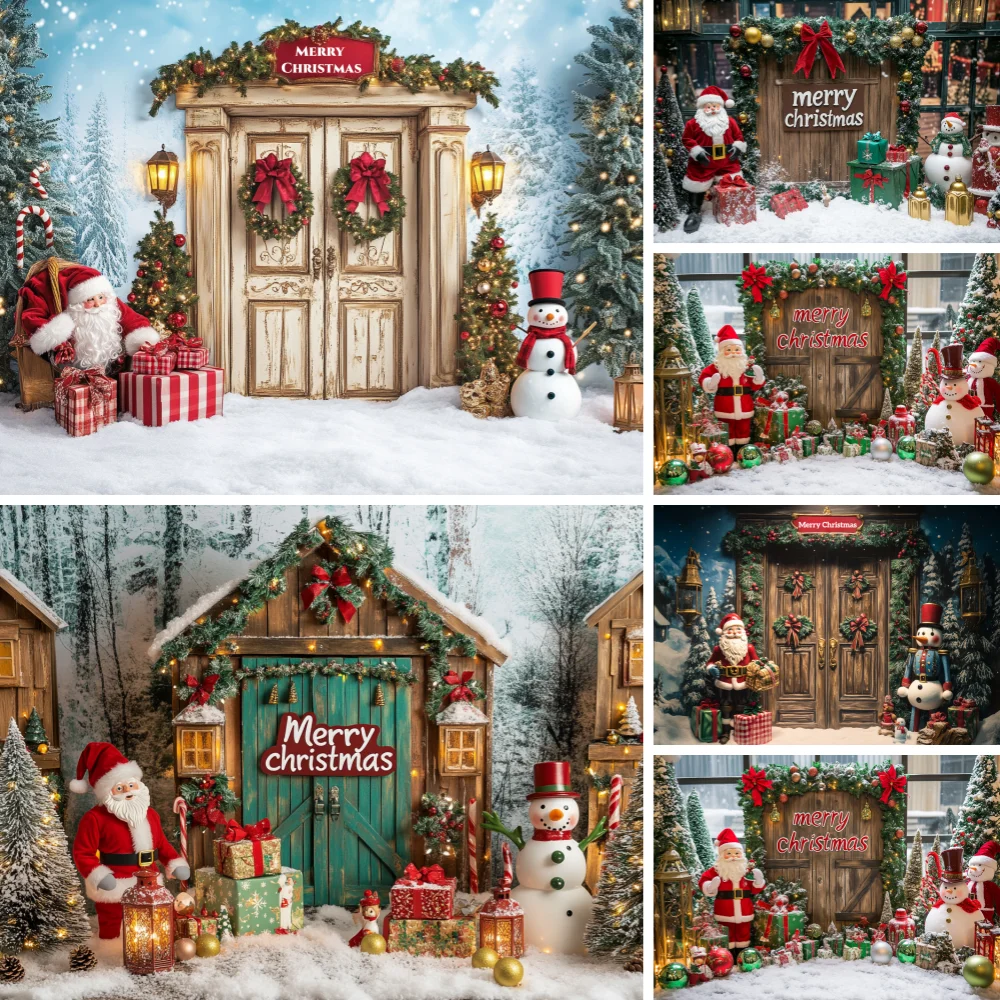 Farm Style Christmas Wood Door Portrait Backdrop Snowy Forest Santa Snowman Wreath Ornament Kids Holiday Photo Shoot Cloth