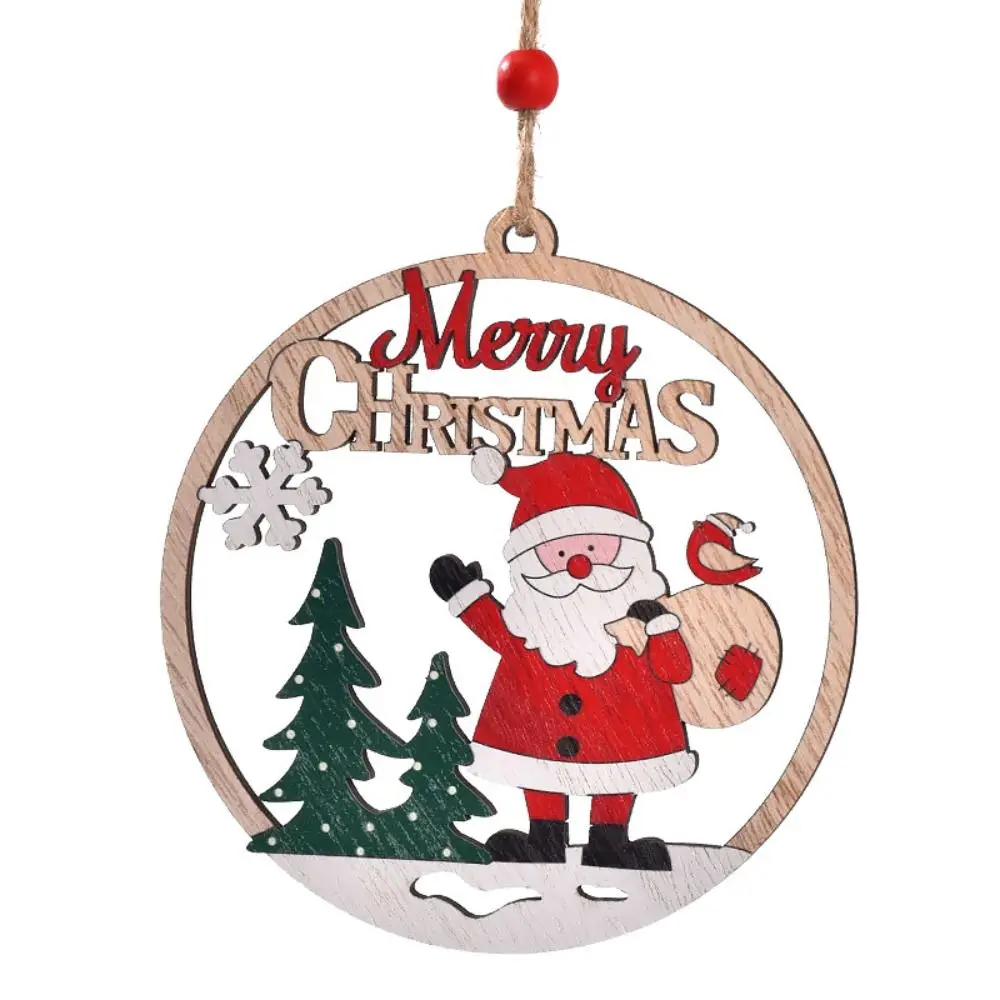 Rustic Wooden Christmas Tree Pendant Round Snowman/Santa Claus/Elk Christmas Ornament Carving Hanging Christmas Decoration Home