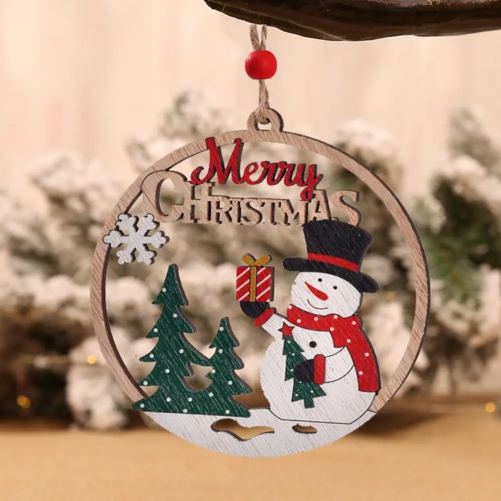 Rustic Wooden Christmas Tree Pendant Round Snowman/Santa Claus/Elk Christmas Ornament Carving Hanging Christmas Decoration Home