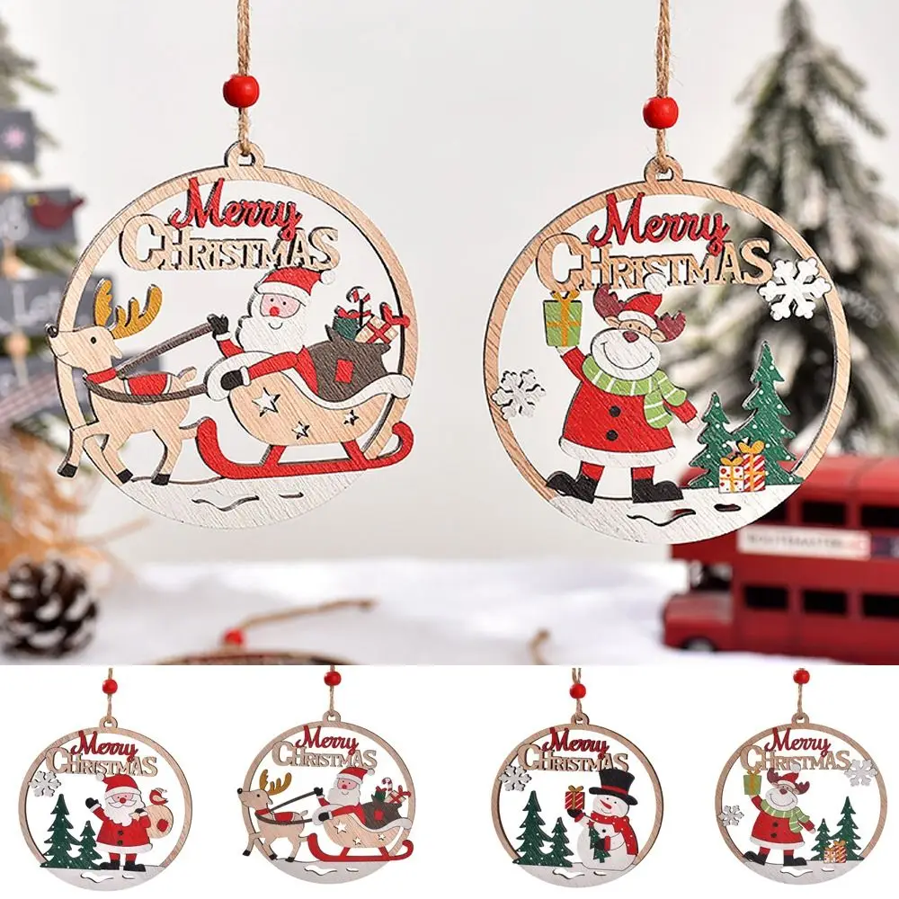 Rustic Wooden Christmas Tree Pendant Round Snowman/Santa Claus/Elk Christmas Ornament Carving Hanging Christmas Decoration Home