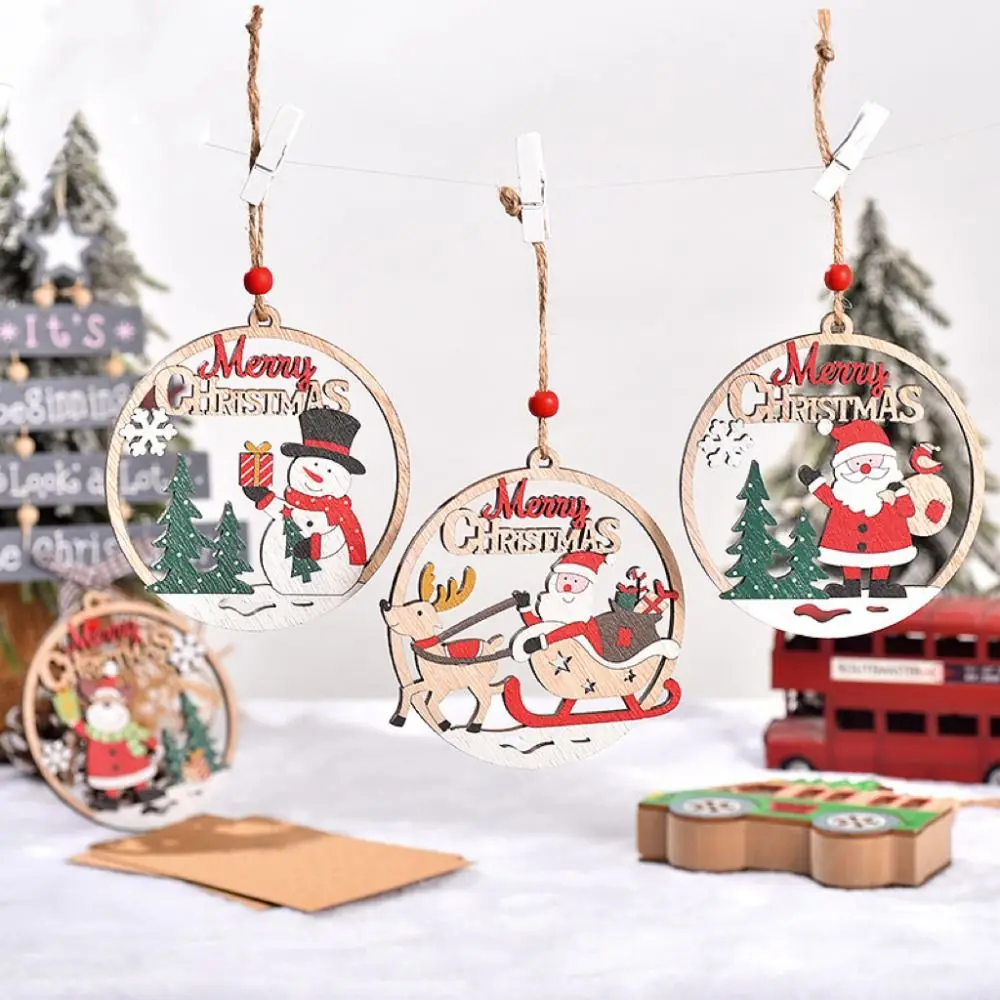 Rustic Wooden Christmas Tree Pendant Round Snowman/Santa Claus/Elk Christmas Ornament Carving Hanging Christmas Decoration Home