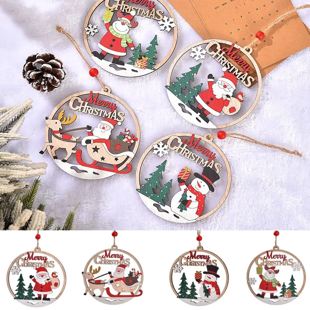 Rustic Wooden Christmas Tree Pendant Round Snowman/Santa Claus/Elk Christmas Ornament Carving Hanging Christmas Decoration Home