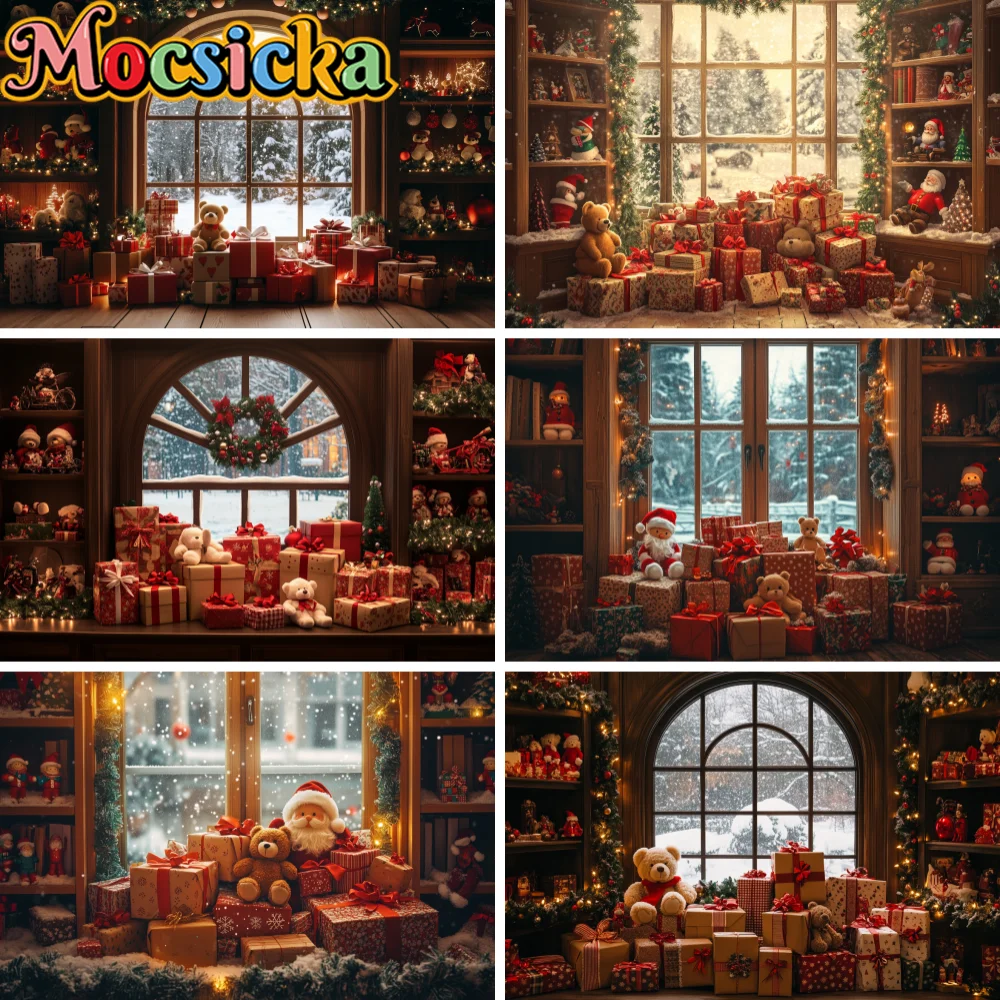 Vintage Wooden Window Christmas Photography Backdrop Snowy Outdoor View Santa Bear Gift Boxes Garland Winter Studio Prop