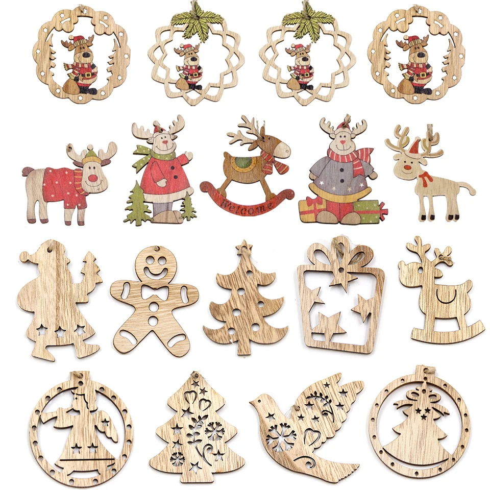 3PCS Christmas Wooden Hollow Pendants Carton Deer/Santa Claus Hanging Ornaments for Navidad Party Tree Decorations DIY Gifts