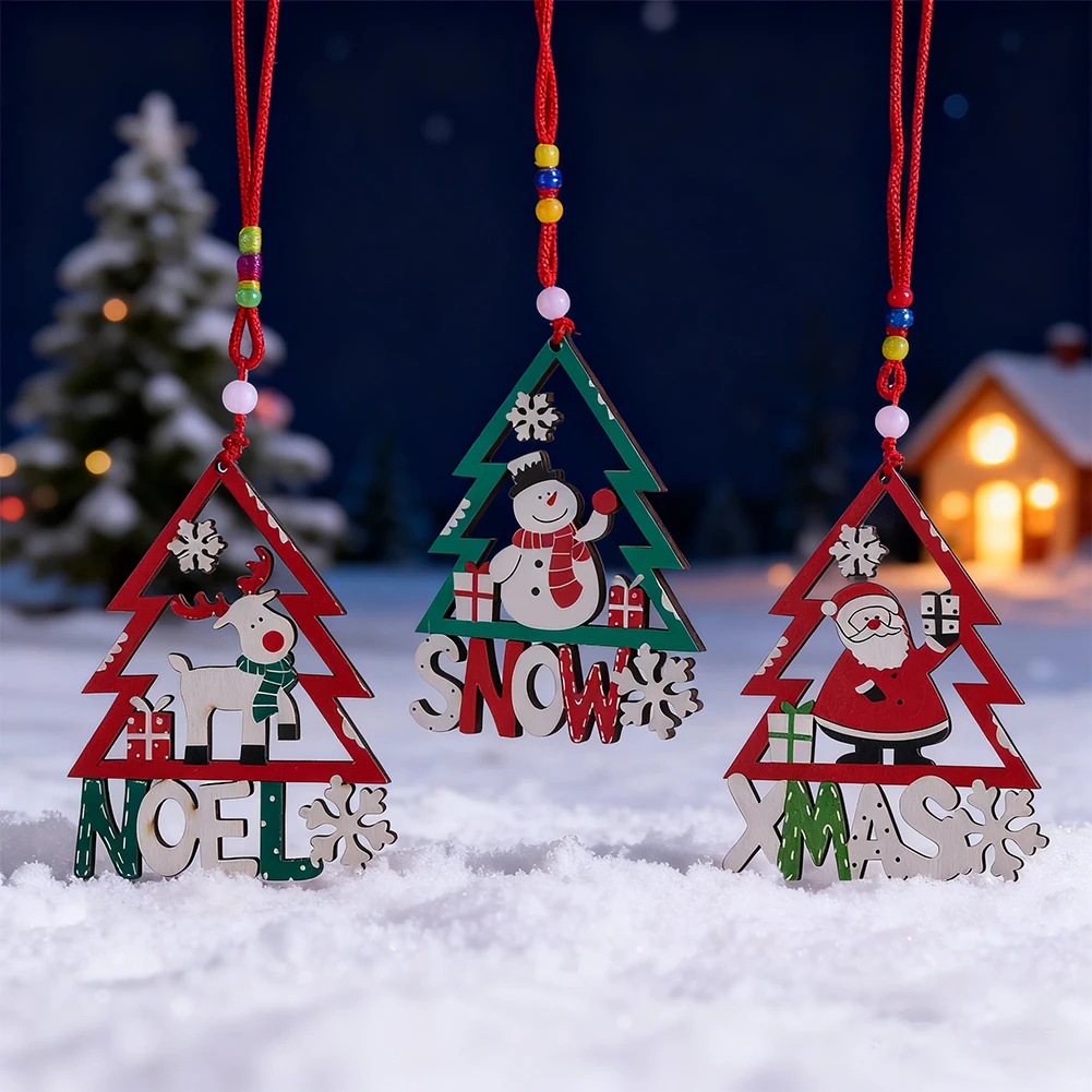 3pcs Wooden Christmas Openwork Ornaments Santa Snowman Reindeer Design Window Wall Pendant Holiday Party Atmosphere Decoration