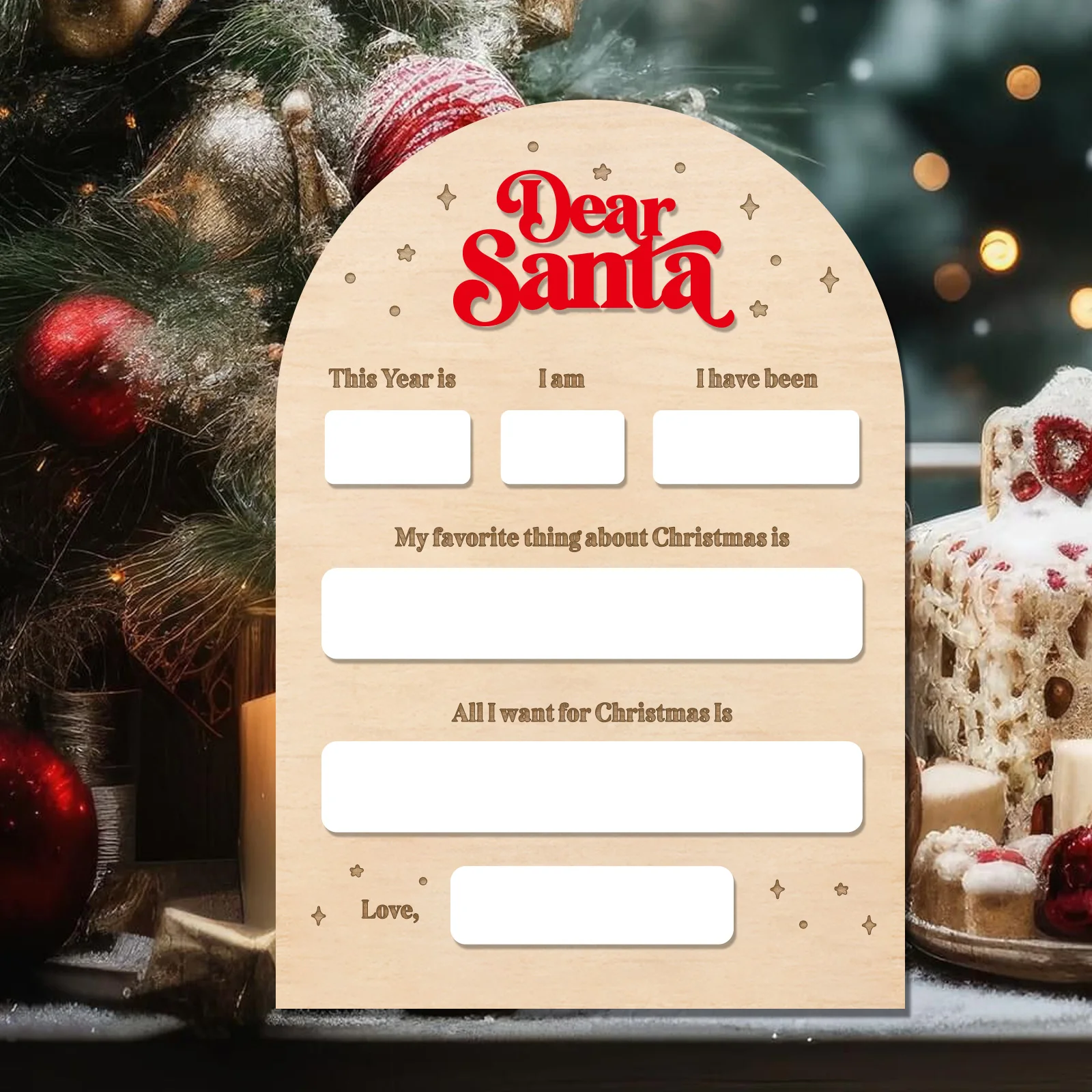 Reusable Dear Santa Wooden Wish Board - Kids Christmas Dry Erase Letter to Santa with Festive Design (18x26cm)
