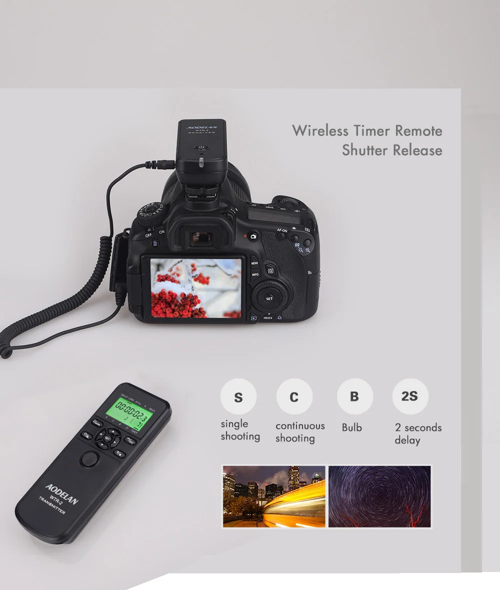 WTR-2 Remote Shutter, Camera Intervalometer Timer, Wireless Time-Lapse Controller for Long Exposure Bulb Mode, HDR Auto Bracket