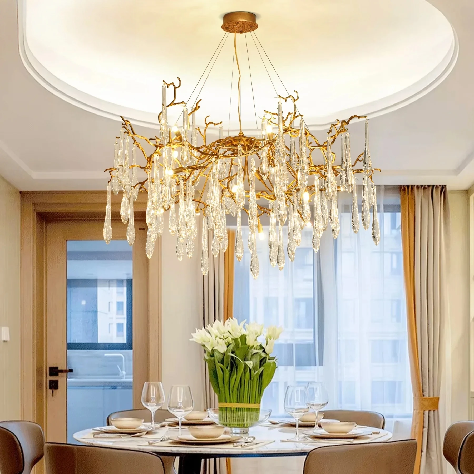 Modern  Crystal Tree Branch Chandelier For Living Room Dining Room Luxury Round Hanging Waterfall Crystal Pendant Vila