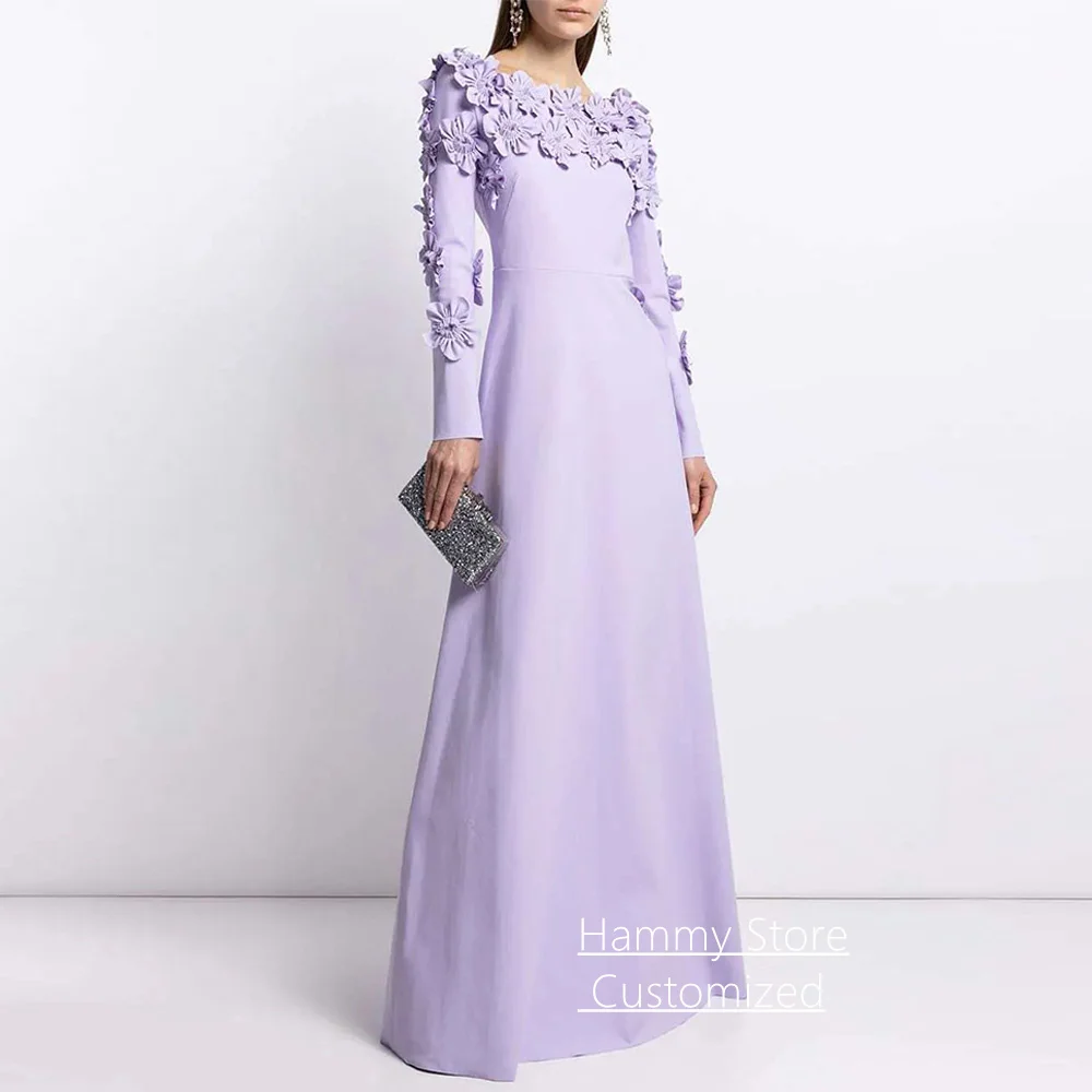 Customized Lilac Evening Dress Elegant Scoop Neck Full Sleeves handmade Flowers Saudi Prom Gown Party Dresses for Weddings