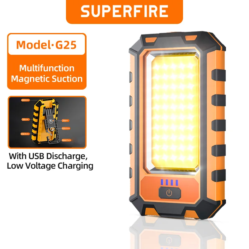 SUPERFIRE G25 Portable COB LED Flashlight USB Rechargeable Work Light Magnetic Lanterna with Built-in Battery Lamp Camping Torch