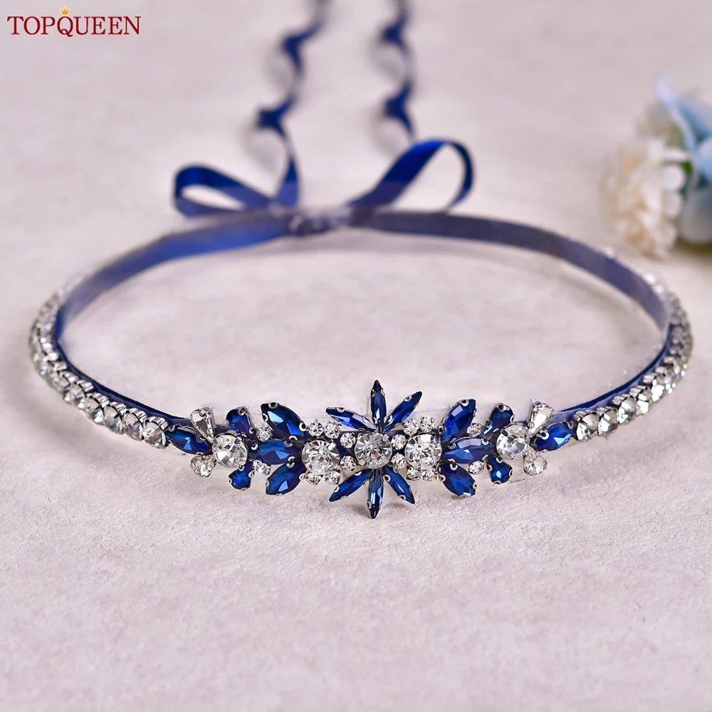 TOPQUEEN Blue Diamond Bridal Ribbon Belt Banquet Evening Dress Jewelry Sash Wedding Accessories Women Waist Decoration S166-ML